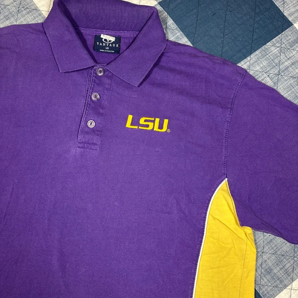 Vantage LSU Tigers Polo Shirt Mens Large Purple Yellow Colorblock NCAA Fan Gear